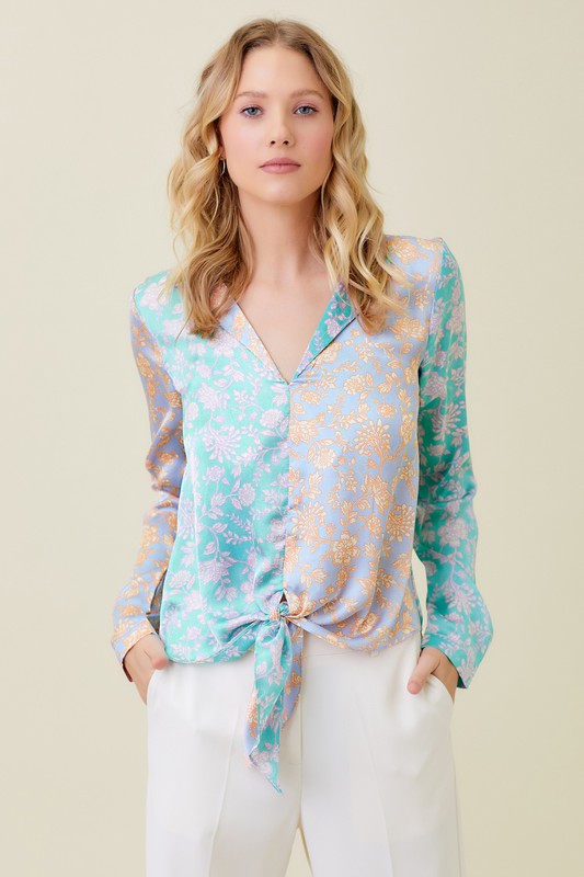 Mixed Print Front Tie Long Sleeve Shirt in Blue/Green