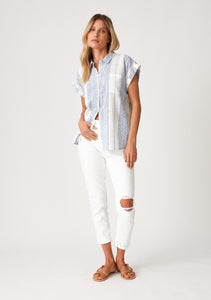 Stripe Button Down Short Sleeve Collared Blouse